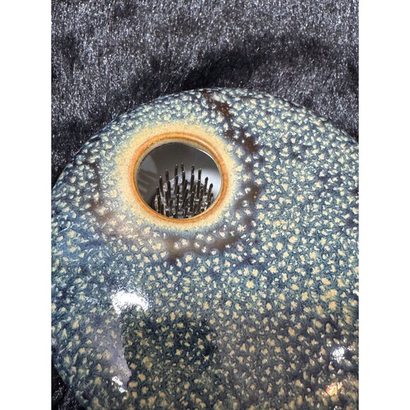 Ceramic Ikebana Vase With Blue Speckled Glaze & Built-In Needle Frog Signed - Picture 2 of 9